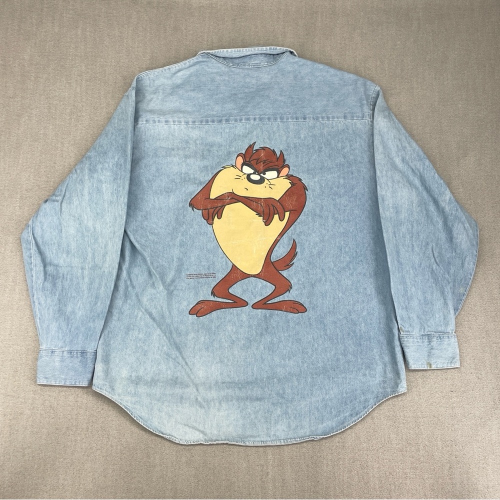 Vintage Genus 93 Warner Bros Taz Men’s XL Tasmanian Devil Denim Button Up Shirt